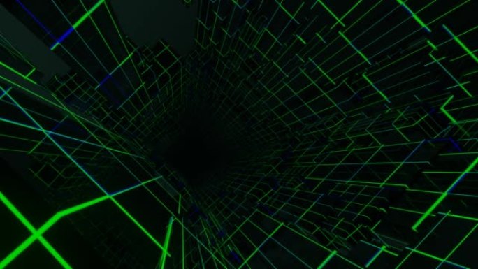 4k无缝循环动画。通过霓虹灯图案的镜像隧道飞行，辉光线形成科幻图案。明亮的反射霓虹灯。简单明亮的背景