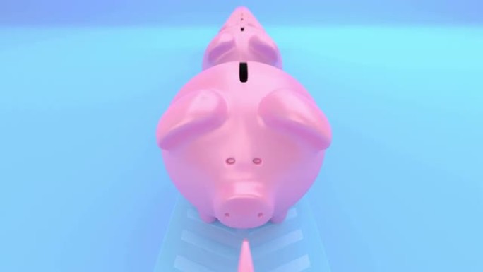 蓝色背景上的粉色存钱罐。