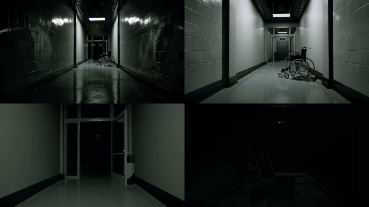 神秘的医院走廊，有废弃的轮椅和闪烁的灯光。神秘的医院走廊。一座废弃的医疗大楼。动画非常适合世界末日和