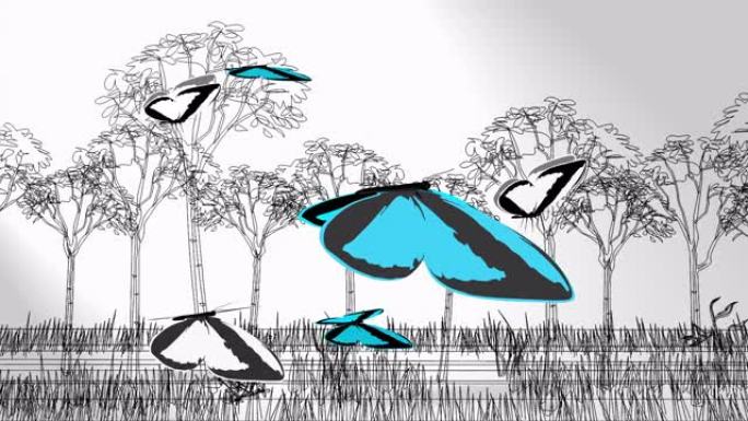 3d动画，一些蝴蝶在森林上飞翔