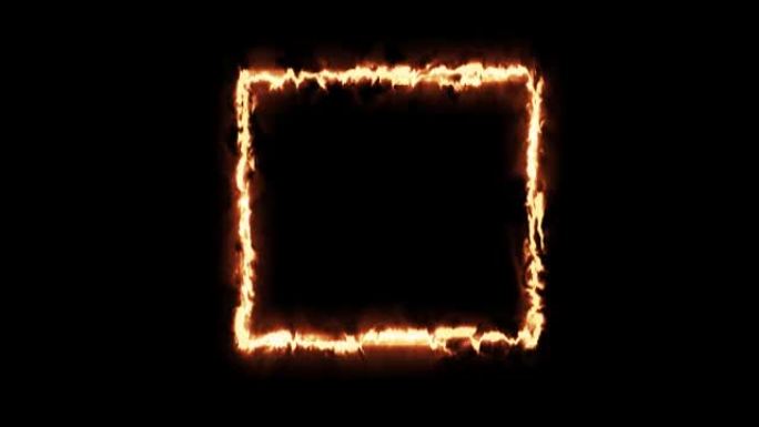 黑色背景上的火红黄色矩形。抽象矩形，太阳火焰框架。逐渐地，出现了燃烧的正方形火，并在矩形中不断燃烧。