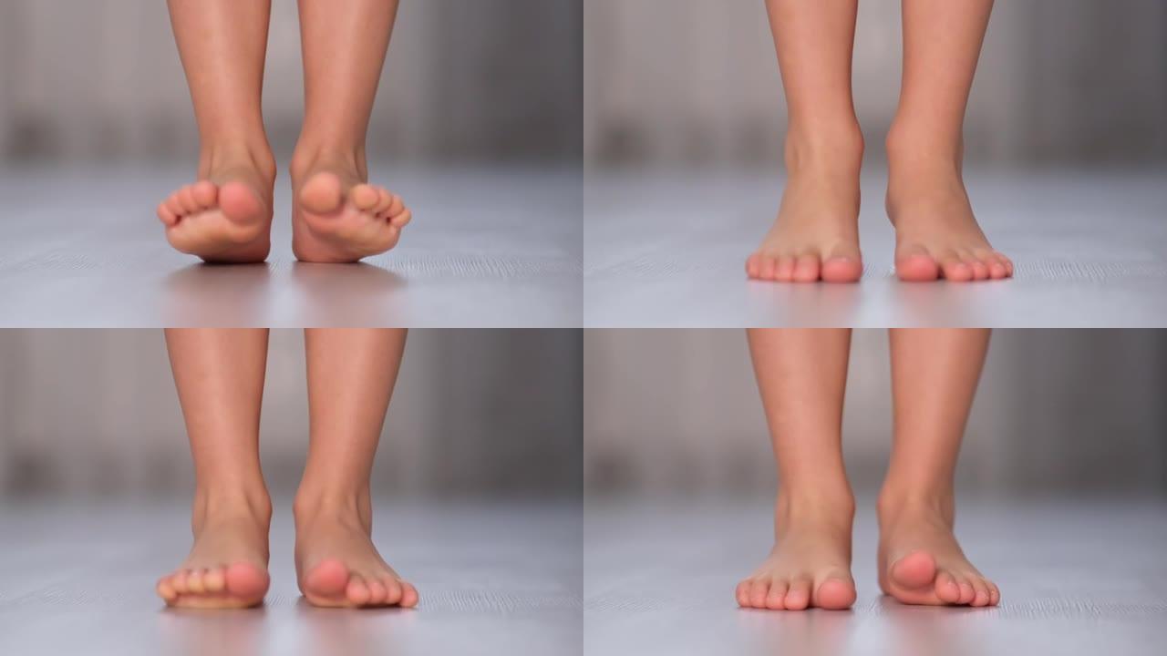 孩子从脚跟到脚趾滚动。预防儿童扁平足。腿部锻炼。扁平足理疗。特写镜头视频。慢动作
