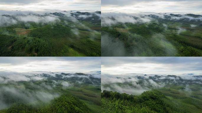 Hyper lapse视频4k，鸟瞰图美丽的晨光金色的日出和薄雾在高山上流动，宽隆山，纳塔韦市，宋卡