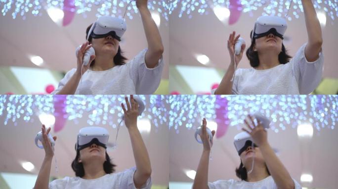 教育，技术，科学和人的概念: 戴着虚拟现实护目镜的亚洲人。孩子们正在体验虚拟现实。惊讶的小男孩戴着V