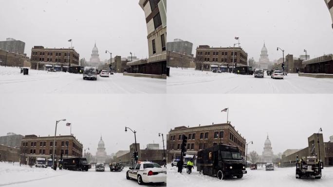 城市中的积雪会造成危险的驾驶条件