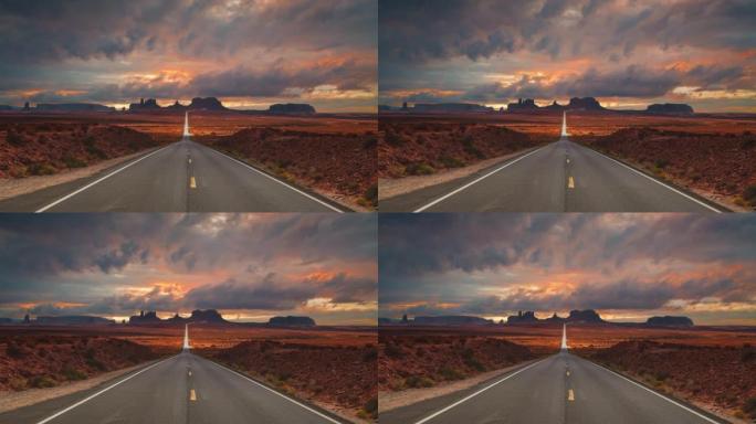 纪念碑谷纳瓦霍国家公园电影院无缝视频循环在著名的阿甘正传跑步拍摄地点高速公路街俯瞰红沙谷。云在美国亚