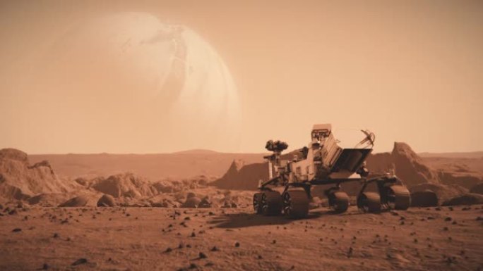 NASA火星发现漫游者穿越火星太空星球的表面。火星表面的红色污垢。先进技术、太空探索/旅行、殖民概念