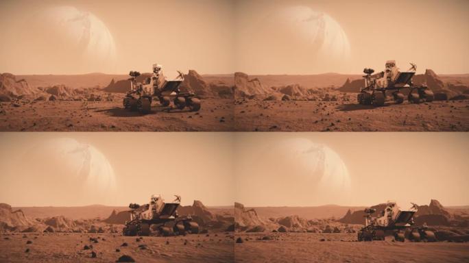 NASA火星发现漫游者穿越火星太空星球的表面。火星表面的红色污垢。先进技术、太空探索/旅行、殖民概念