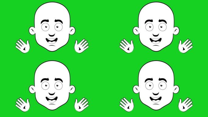 卡通秃头男子挥舞双手的脸部循环动画，用黑白绘制