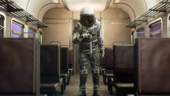 宇航员在星际空间火车上以超光速行驶时做出了消极的手势。幻想太空旅行的概念。动画非常适合太空和科幻背景