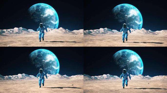 勇敢的宇航员在月球表面的环形山中奔跑。