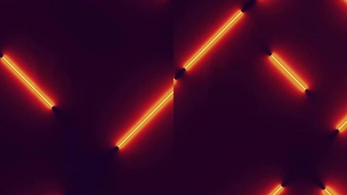 橙色荧光灯在深色混凝土表面上的运动。几何霓虹灯图案。现代抽象背景设计。数字无缝循环动画。3d渲染高清