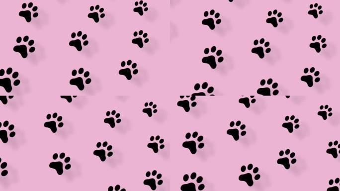 彩色图案的猫爪子在粉红色的背景与阴影。猫爪无缝图案。顶视图。狗，猫足迹背景。4k视频运动