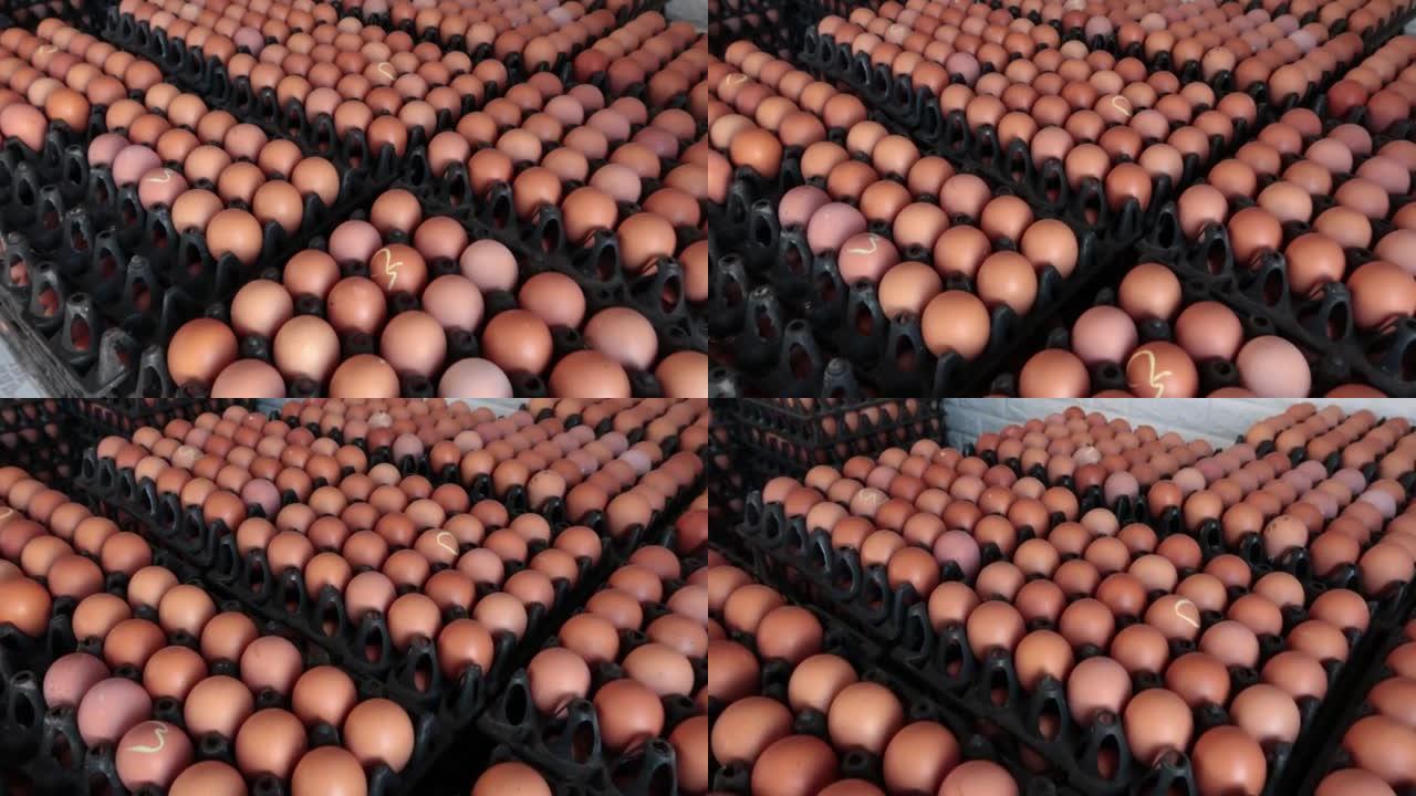 鸡蛋被堆放在托盘中，以便在市场上出售。