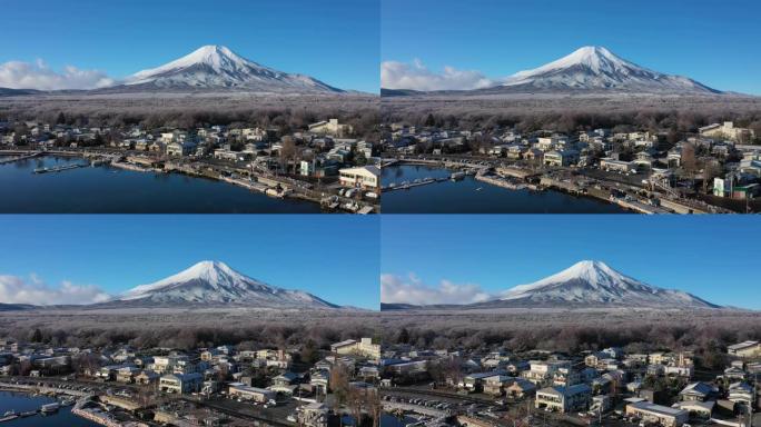 富士山冬季鸟瞰图，日本标志性的白雪皑皑的象征，白雪覆盖的风景，树上的冰雾，山中湖，湛蓝的天空-从上方