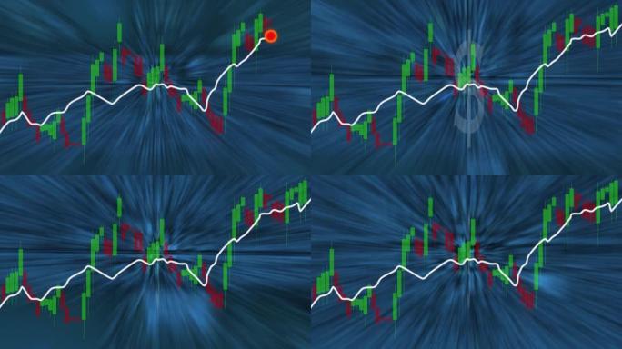 股票烛台图表上升到顶峰，蓝色动画背景中间有一美元。