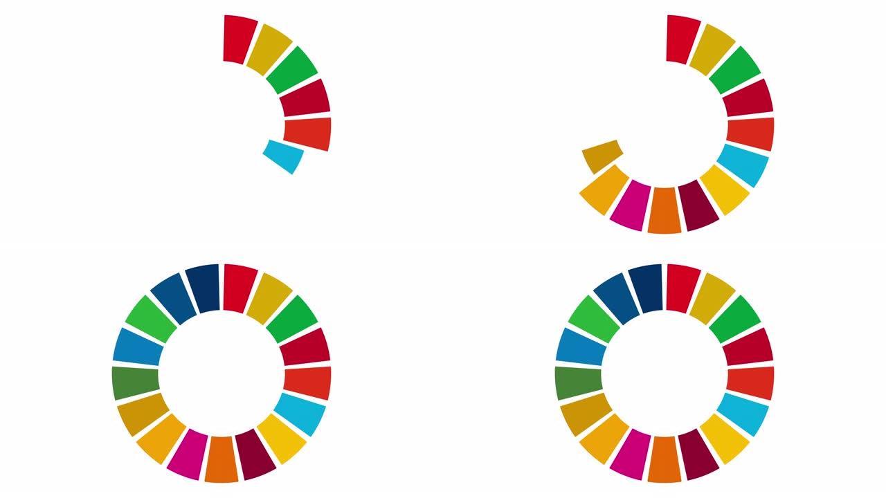 白色背景上SDGs的彩色图像 (旋转动画，无缝循环)