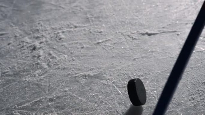 一名男子的手将黑色冰球扔在竞技场的冰上，开始比赛。曲棍球棒击中冰球。带背光的黑暗溜冰场上的运动曲棍球