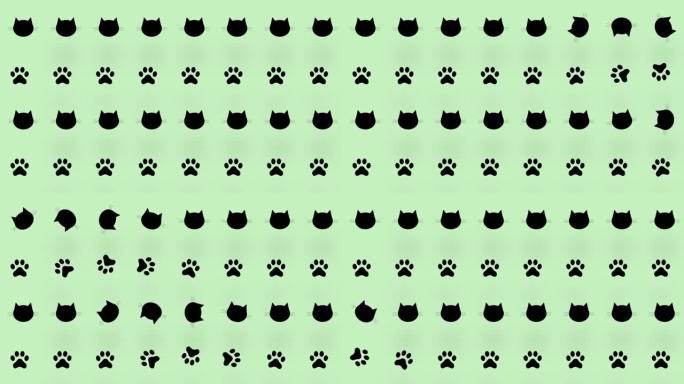 绿色背景上黑猫头和爪子的彩色图案。猫爪和脸无缝图案。动物轮廓。4k视频运动