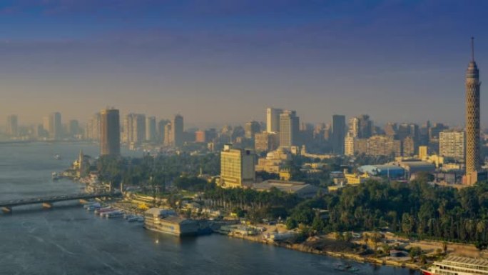 开罗,埃及沿江风光带俯拍远景