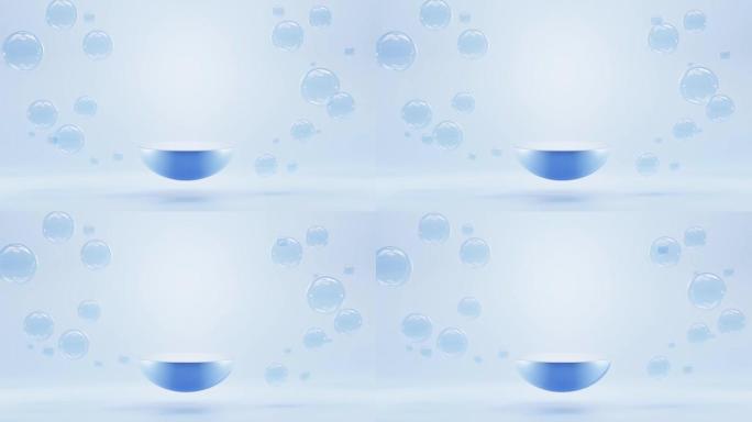 3d动画，蓝色水色背景上有气泡球体的讲台。样机抽象几何半球舞台，带液体球或水滴的空平台，用于水下展示