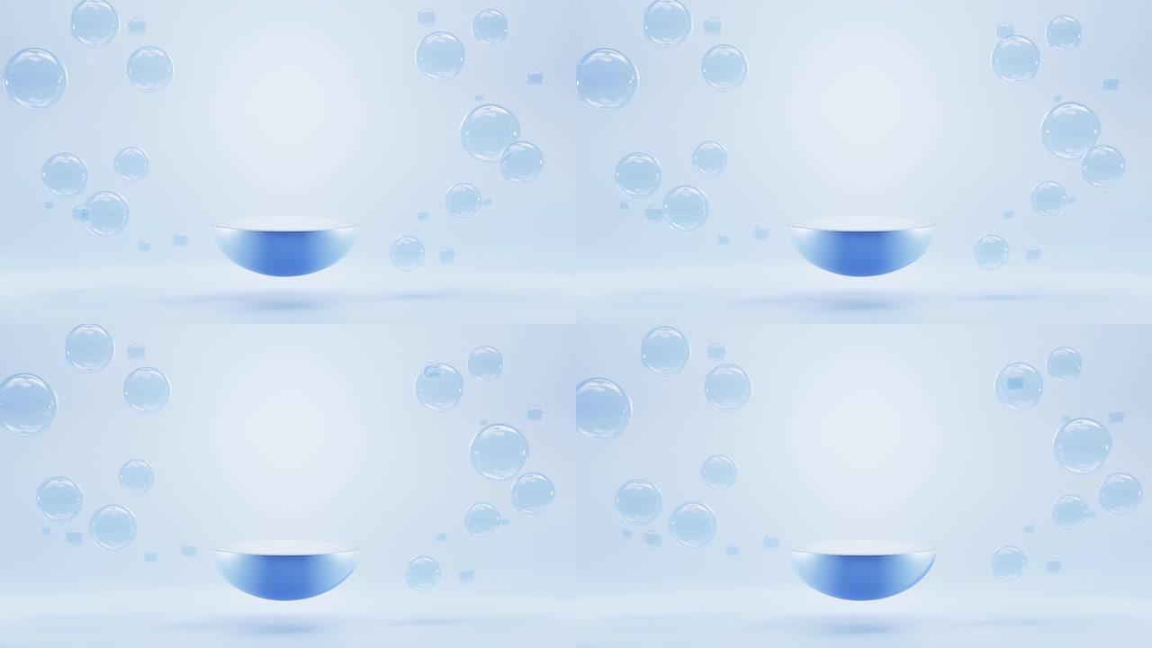 3d动画，蓝色水色背景上有气泡球体的讲台。样机抽象几何半球舞台，带液体球或水滴的空平台，用于水下展示