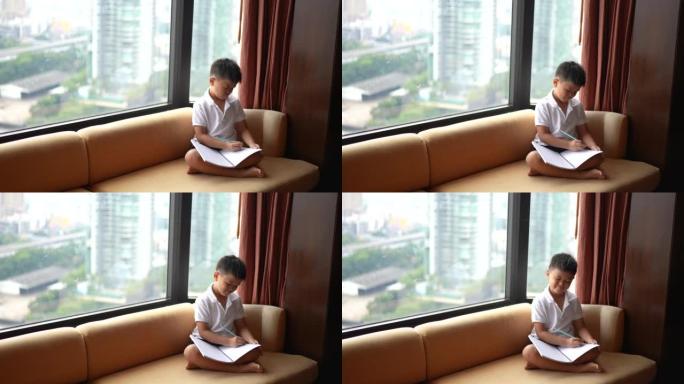 亚洲孩子在摩天大楼学习在线学习。新常态的概念研究与检疫