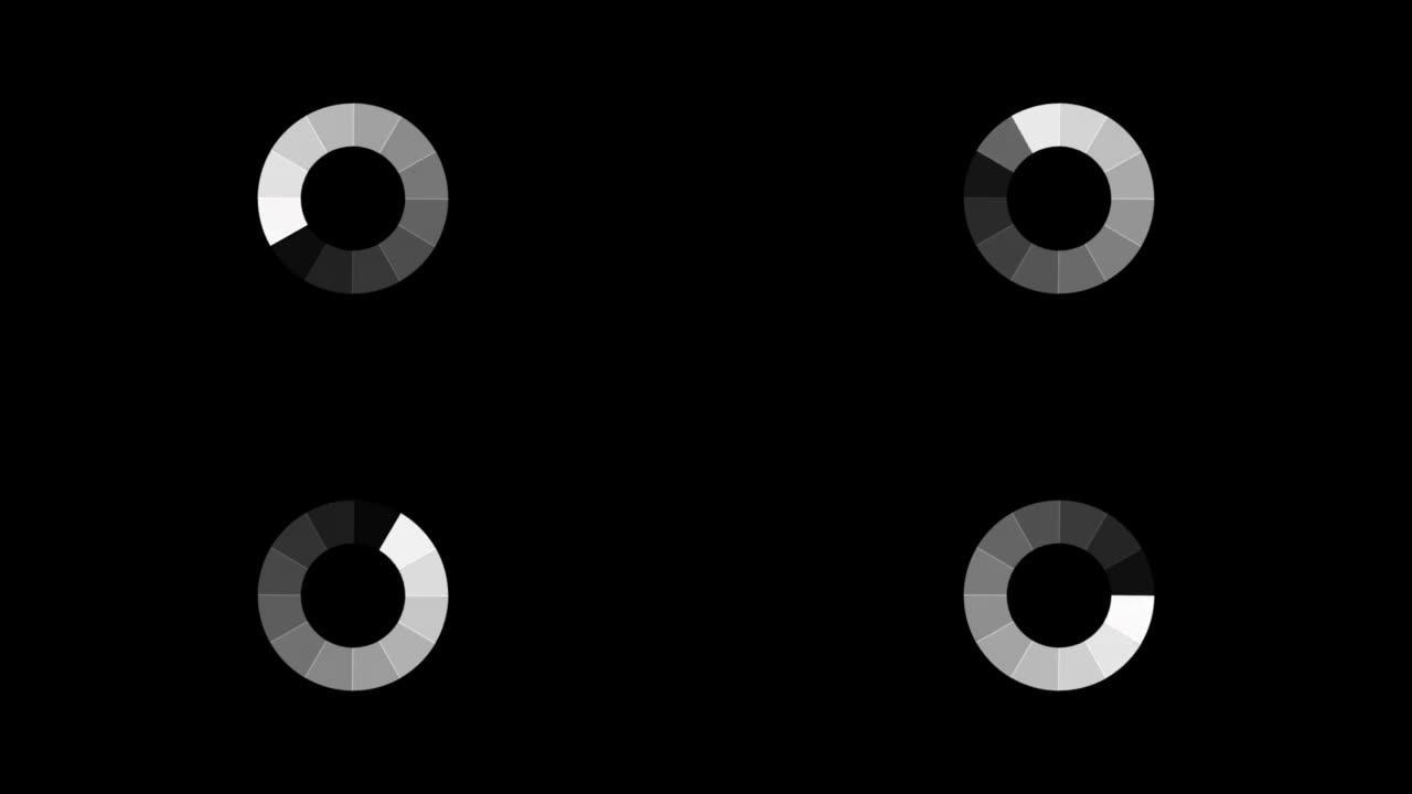在黑色背景上围成一圈排列的白色条形图标的动画。装载进度指示器。无缝循环。视频动画背景。