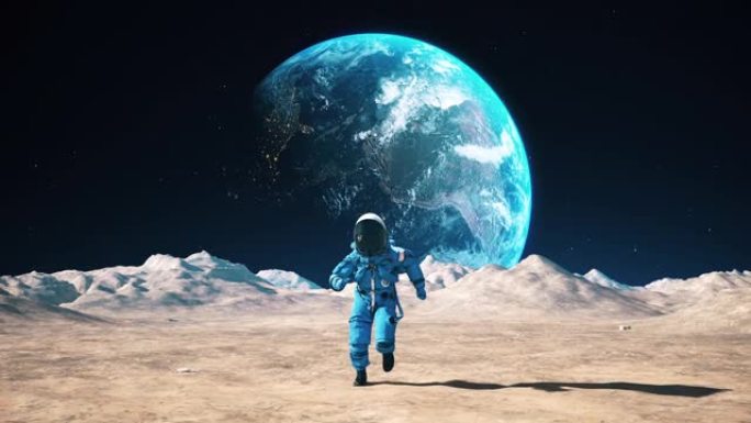 勇敢的宇航员在月球表面的环形山中奔跑。缓慢的运动。