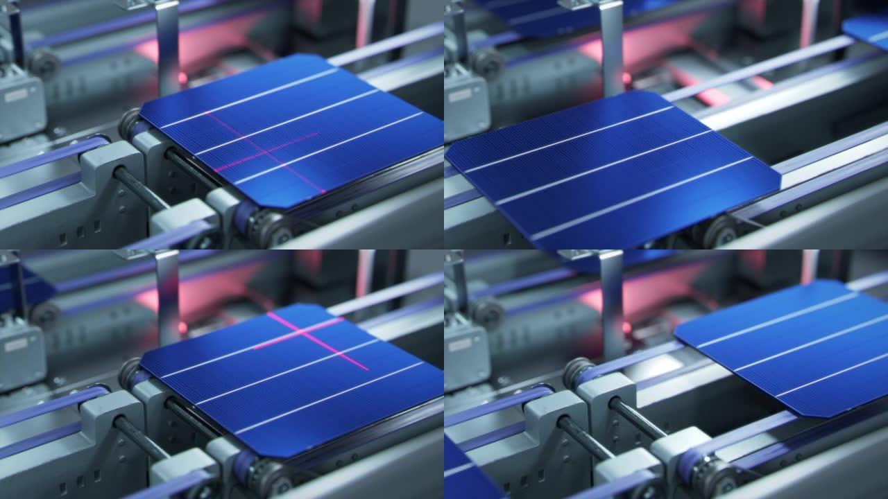 正在测试输送线上的太阳能电池板。太阳能电池板生产工艺先进工厂。
