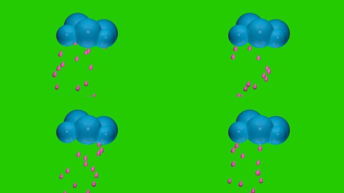 天气图标-下雨了。3D动画。色度键，绿色屏幕，绿色背景