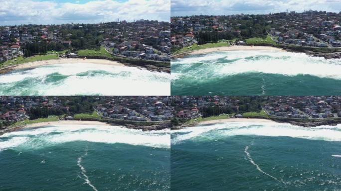 悉尼标志性勃朗特海滩的空中无人机回撤镜头