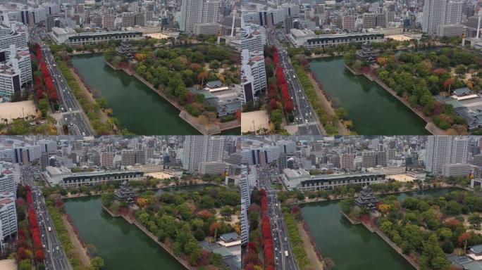 广岛城市景观鸟瞰图，现代日本城市的办公楼和摩天大楼-从亚洲上方看日本的景观全景