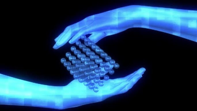 两只全息图人类手握着漂浮的球体立方体，孤立在黑色背景上。技术未来派人的社会联系和心理关系概念。3d数