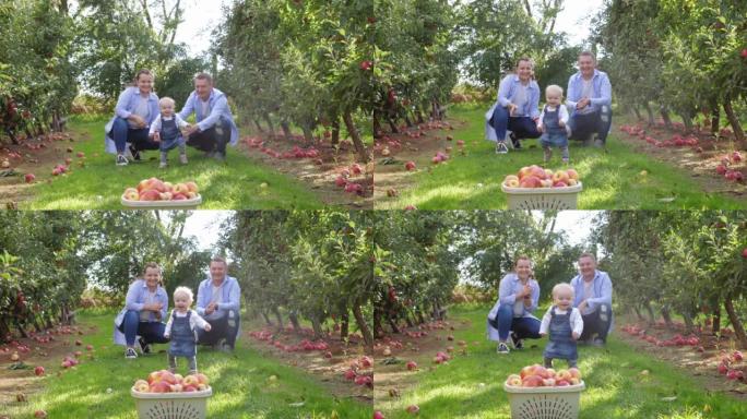 幸福的家庭父母和两个孩子女儿在大自然的乡村苹果树花园里聚在一起享受绿色的草地