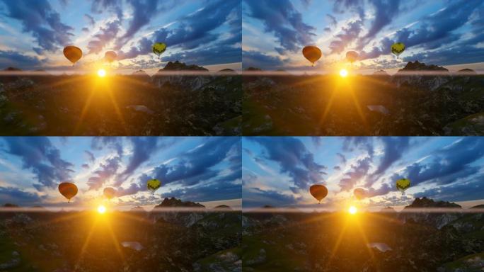 日出景色不寻常的岩石景观彩色热气球在蓝天中飞行