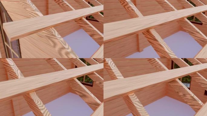 一个白色背景上的木制房子的三维可视化