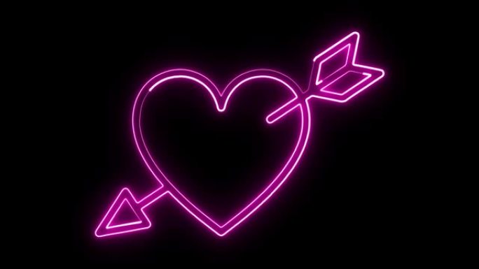 发光的爱情霓虹灯绕着心脏移动的象征。黑色背景，4k动画。
