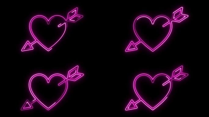 发光的爱情霓虹灯绕着心脏移动的象征。黑色背景，4k动画。