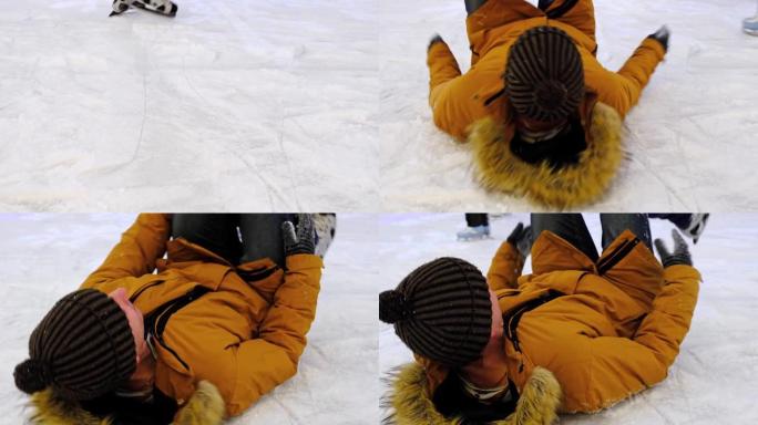 一个男人在滑冰时跌跌撞撞地摔倒在冰刀上。对冰的影响，运动损伤，脑震荡。慢动作