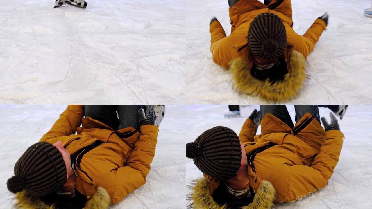 一个男人在滑冰时跌跌撞撞地摔倒在冰刀上。对冰的影响，运动损伤，脑震荡。慢动作