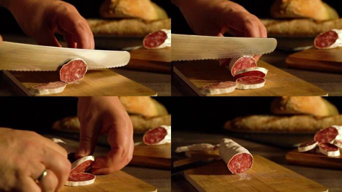 切猪肉香肠的过程。