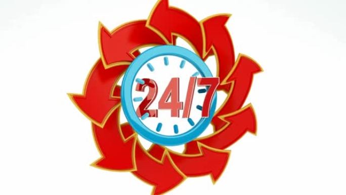 每周7天24小时的3D渲染动画，带有红色箭头的服务标志。24-7开放概念