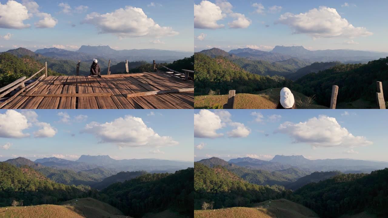 空中无人驾驶飞机在哈杜比视点的山顶木制露台上与Doi Luang Chiang Dao mounta