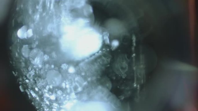 4k沸水倒入黑色背景的玻璃中。抽象散焦晶体元素。在玻璃下近距离拍摄。许多晶体从上面落下。散焦特写