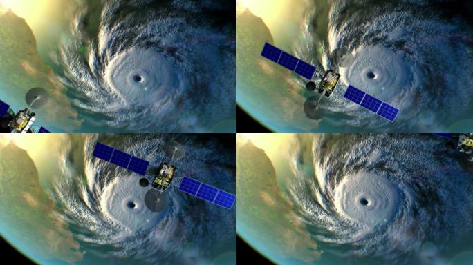 背景飓风，虚构的气象卫星飞过，3d动画。所有纹理都是在图形编辑器中创建的，没有照片和其他图像。