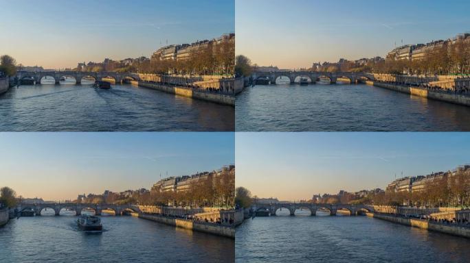 巴黎的全景与秋天的颜色塞纳河和桥梁游客巡游