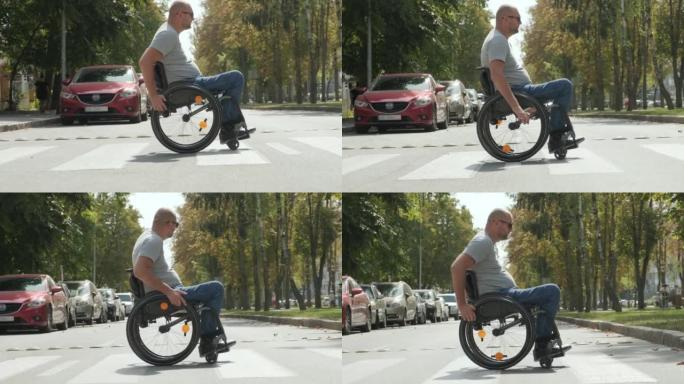轮椅上的残疾人在公园小巷散步