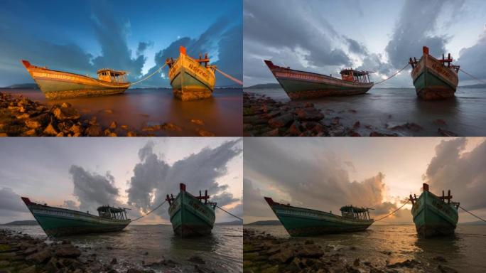 日夜流逝，在泰国南部宋卡省宋卡湖上遗弃的带有移动云的捕鱼沉船场景