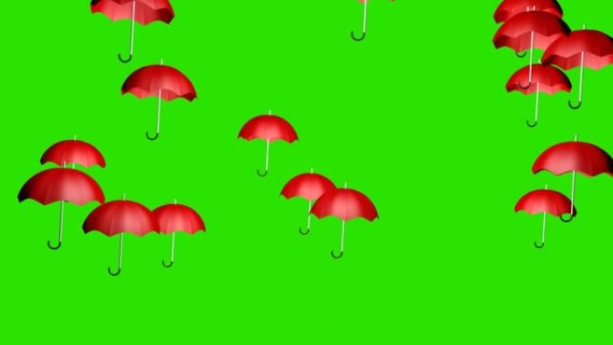 绿色屏幕上的红色雨伞雨。3D动画